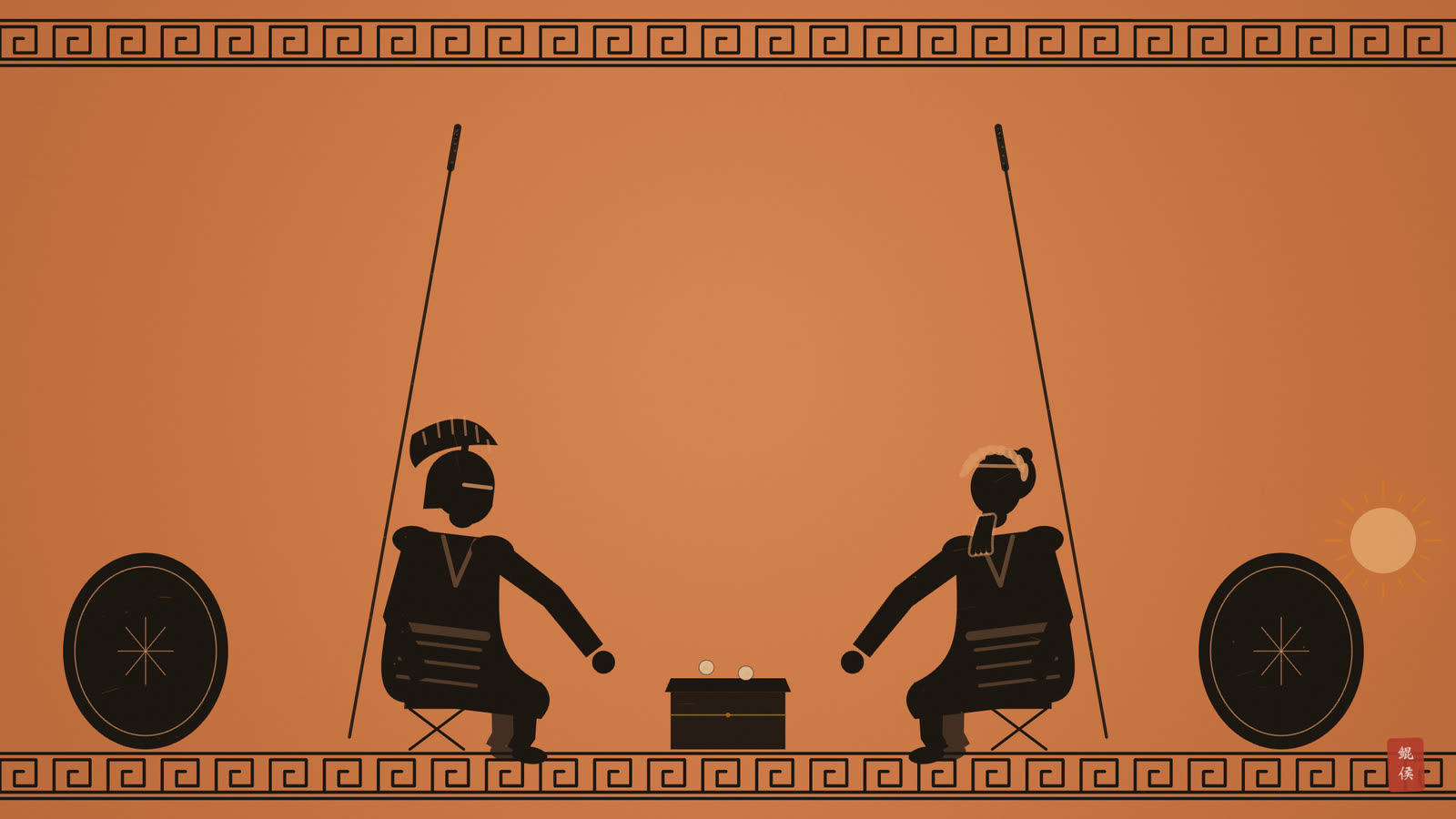 黑像陶瓶画:两名披甲武士对坐掷骰,一人面朝东方