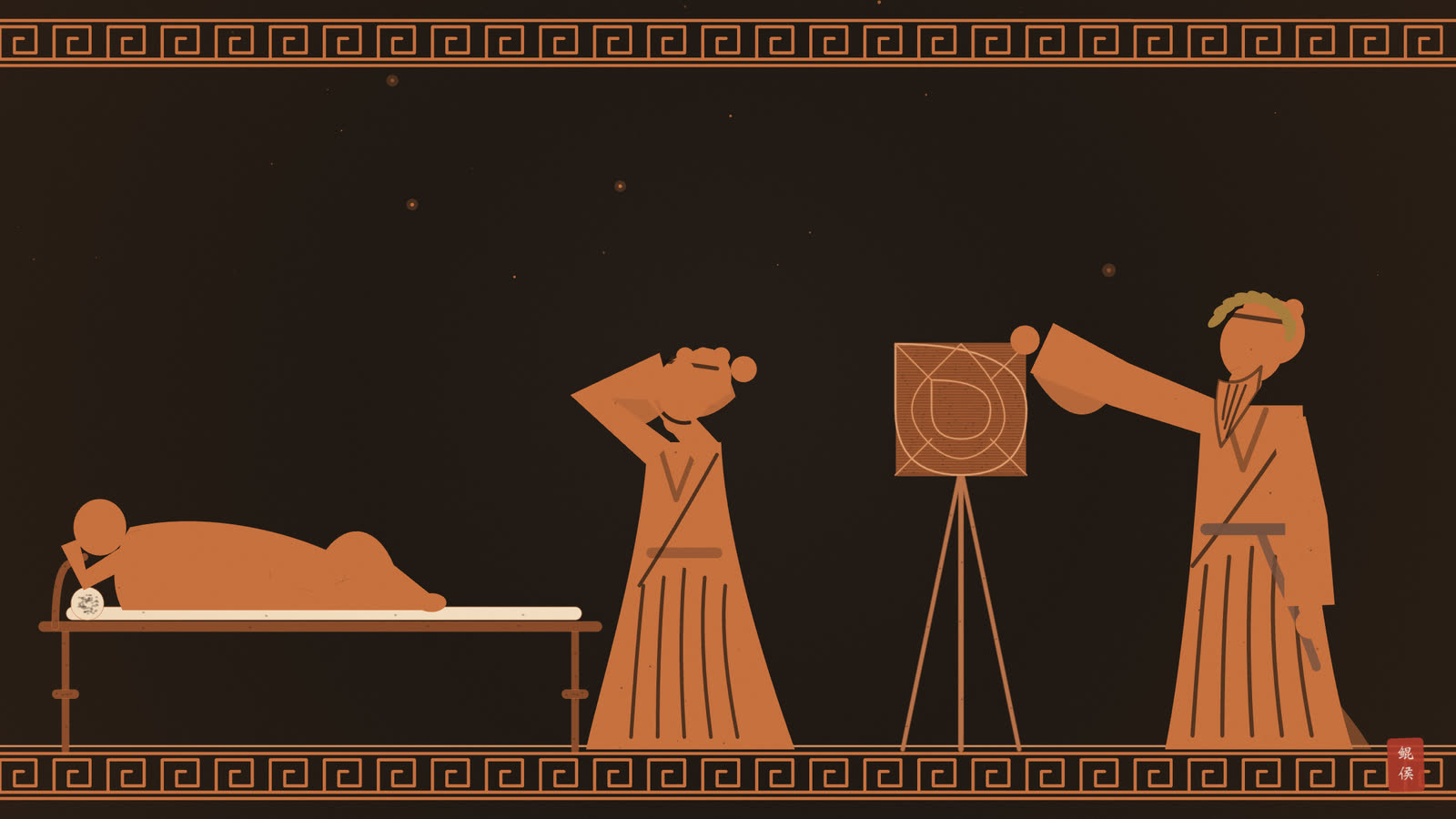 红像陶瓶画:病人卧榻捂腹,家人在旁,星占家指着星盘