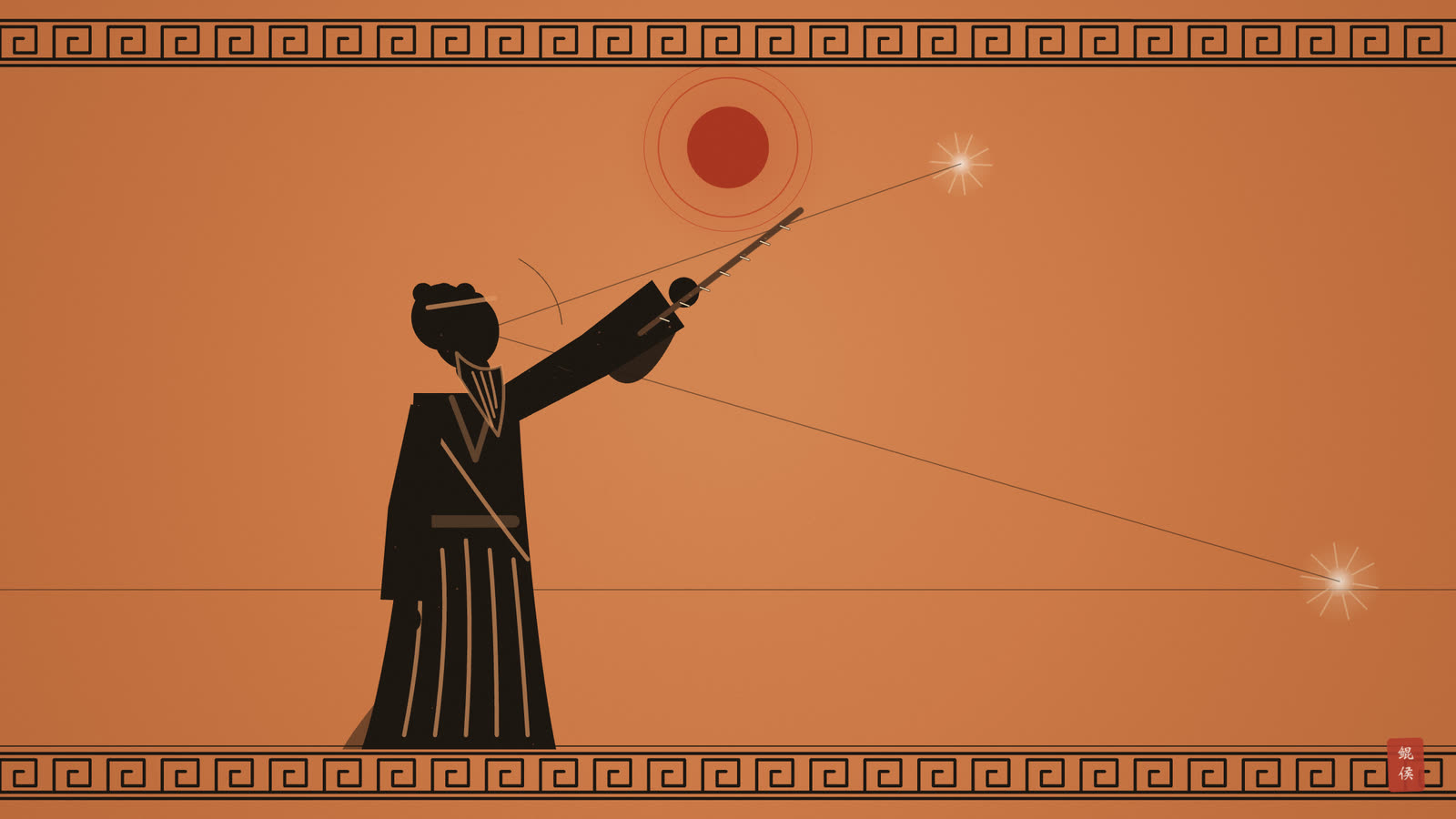黑像陶瓶画:满月高悬,学者手持量尺比对上升与中天