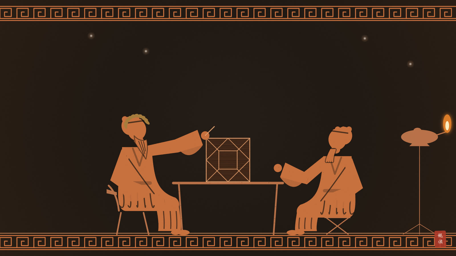 红像陶瓶画:一男子坐在星占家案前,星占家执笔起盘