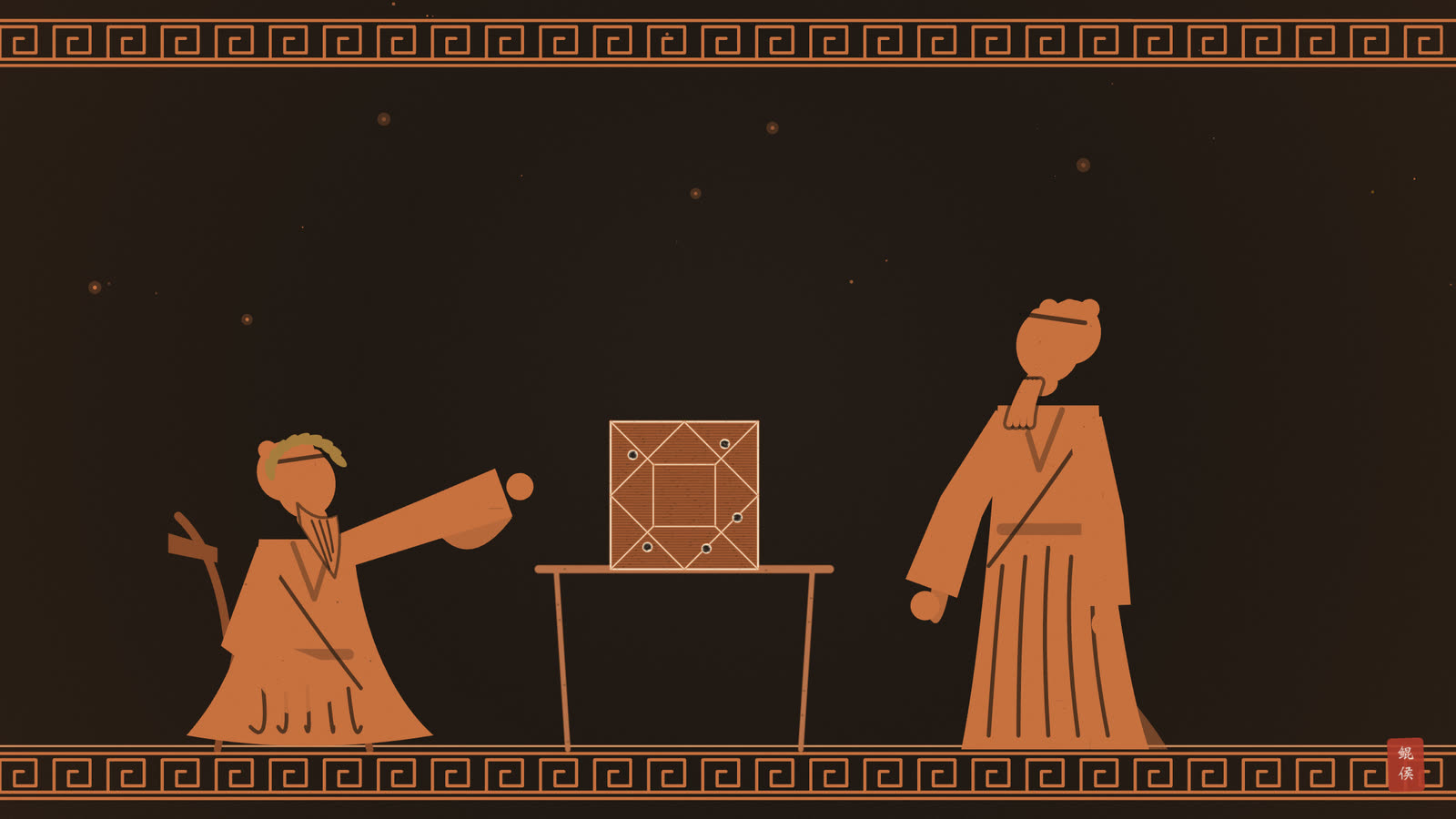 红像陶瓶画:星占家对着来客端详容貌,案上摊着星盘