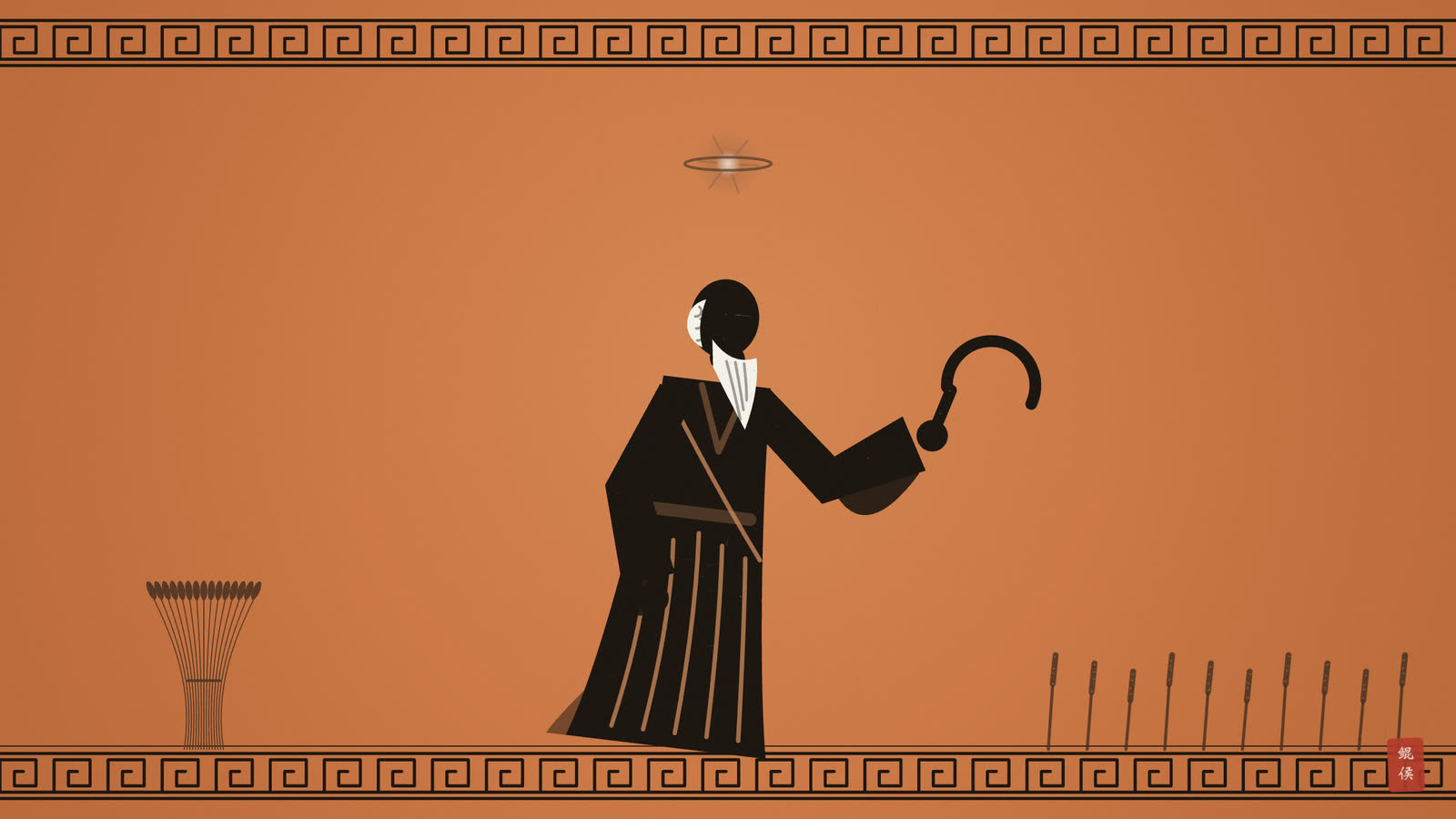 黑像陶瓶画：持镰老者低头缓行，头顶一颗暗淡的星