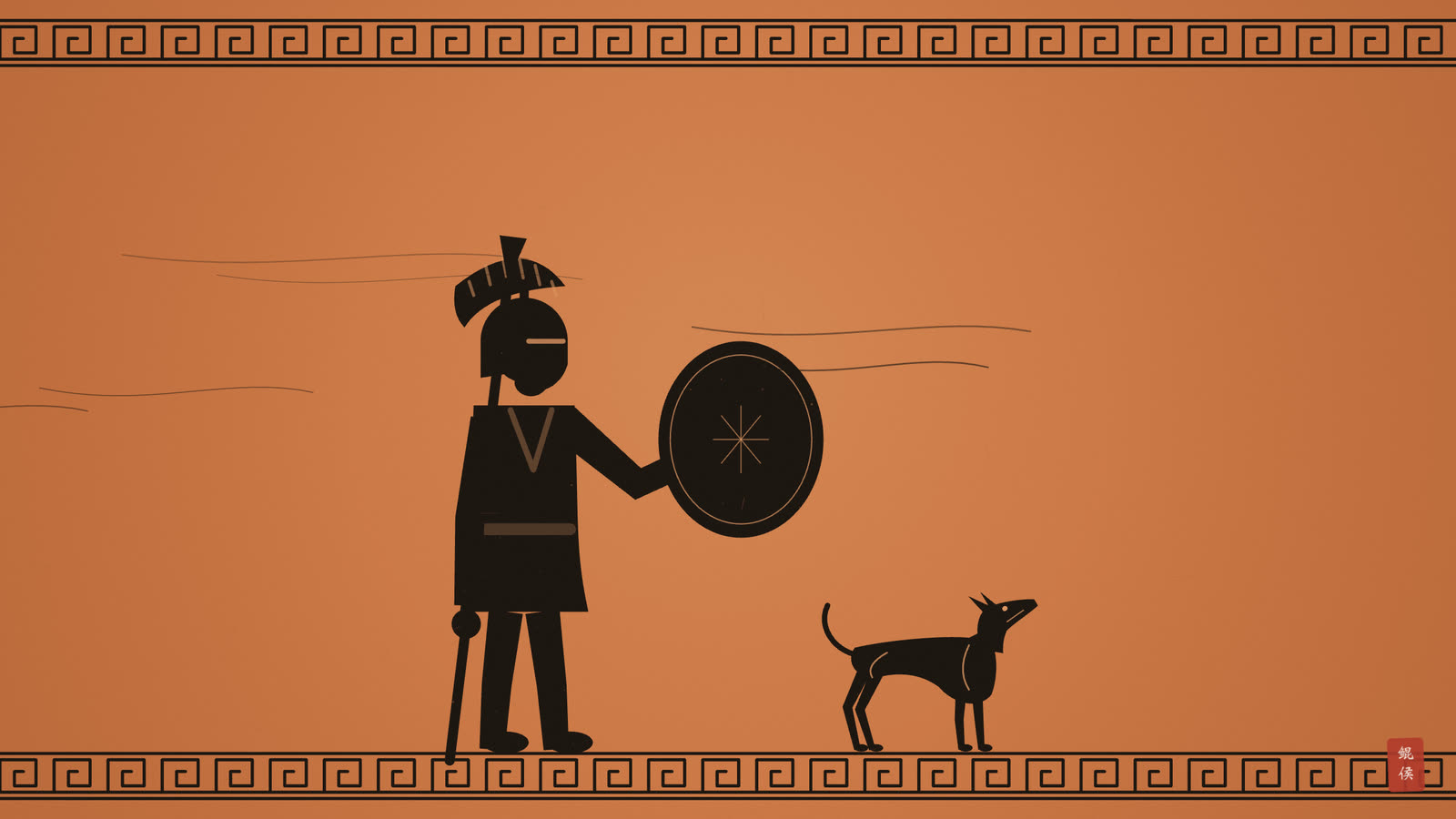 黑像陶瓶画:持盾战士与猎犬并立,猎犬昂首嗅风