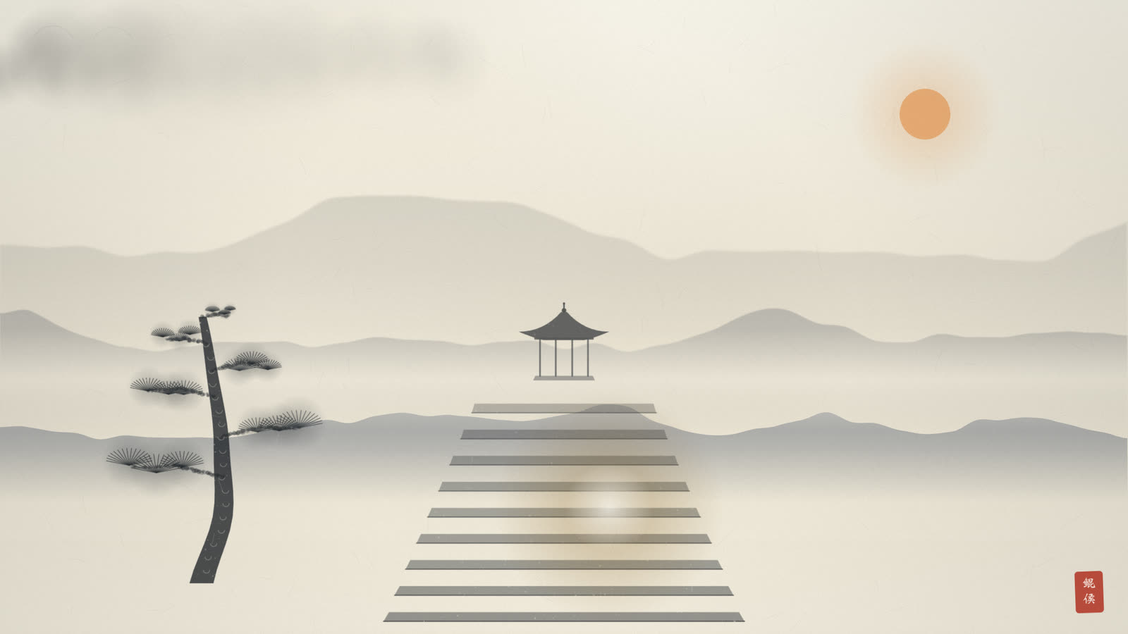 水墨骤雨初歇,山间云开,一道斜阳照在湿润的石阶上