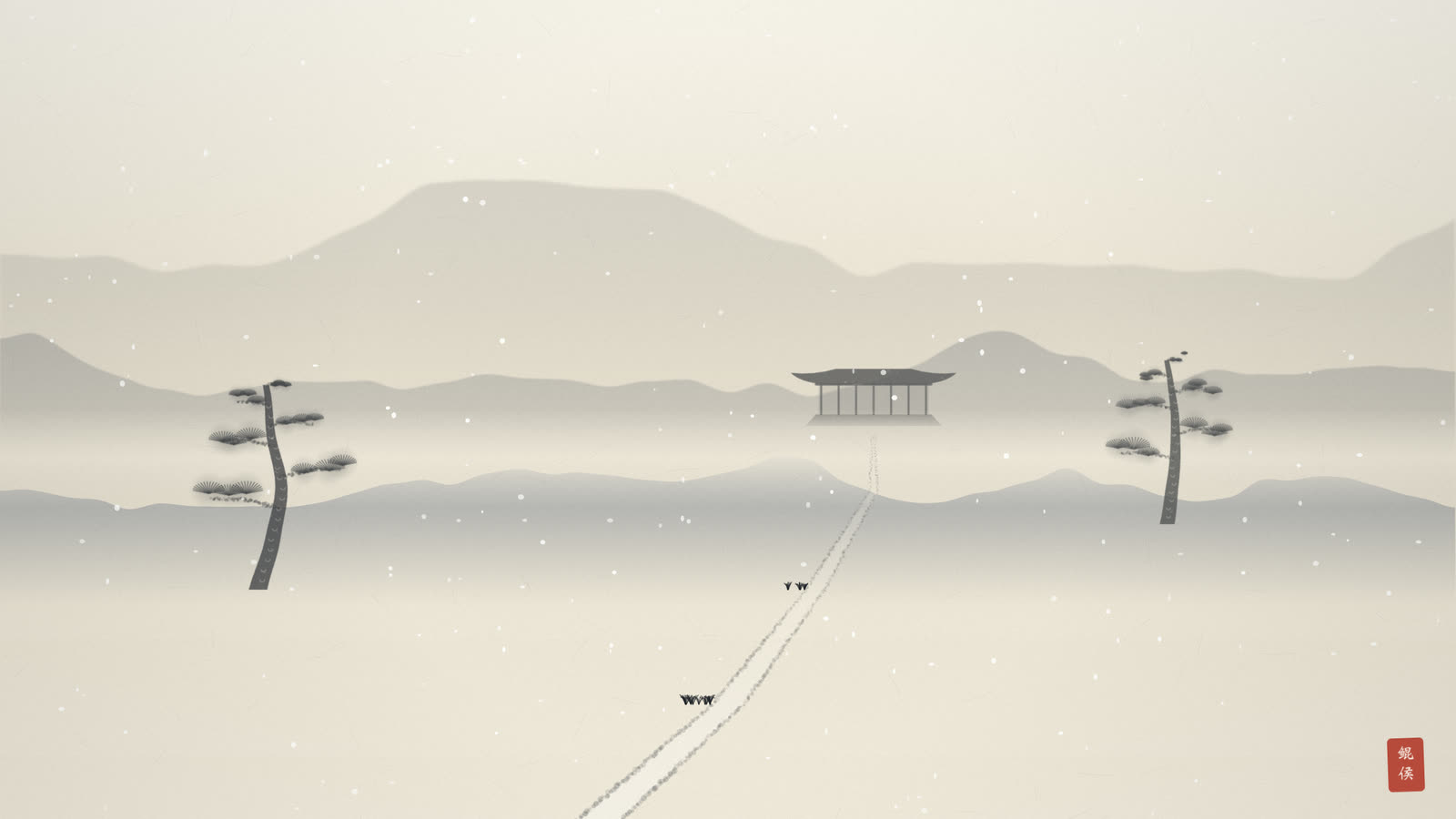 水墨雪地上一行若有若无的足迹,伸向远方山门