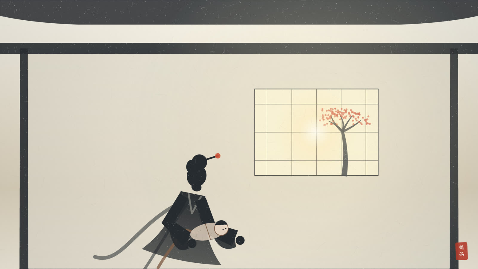 水墨一位母亲怀抱婴儿，神情专注温柔，窗外春光