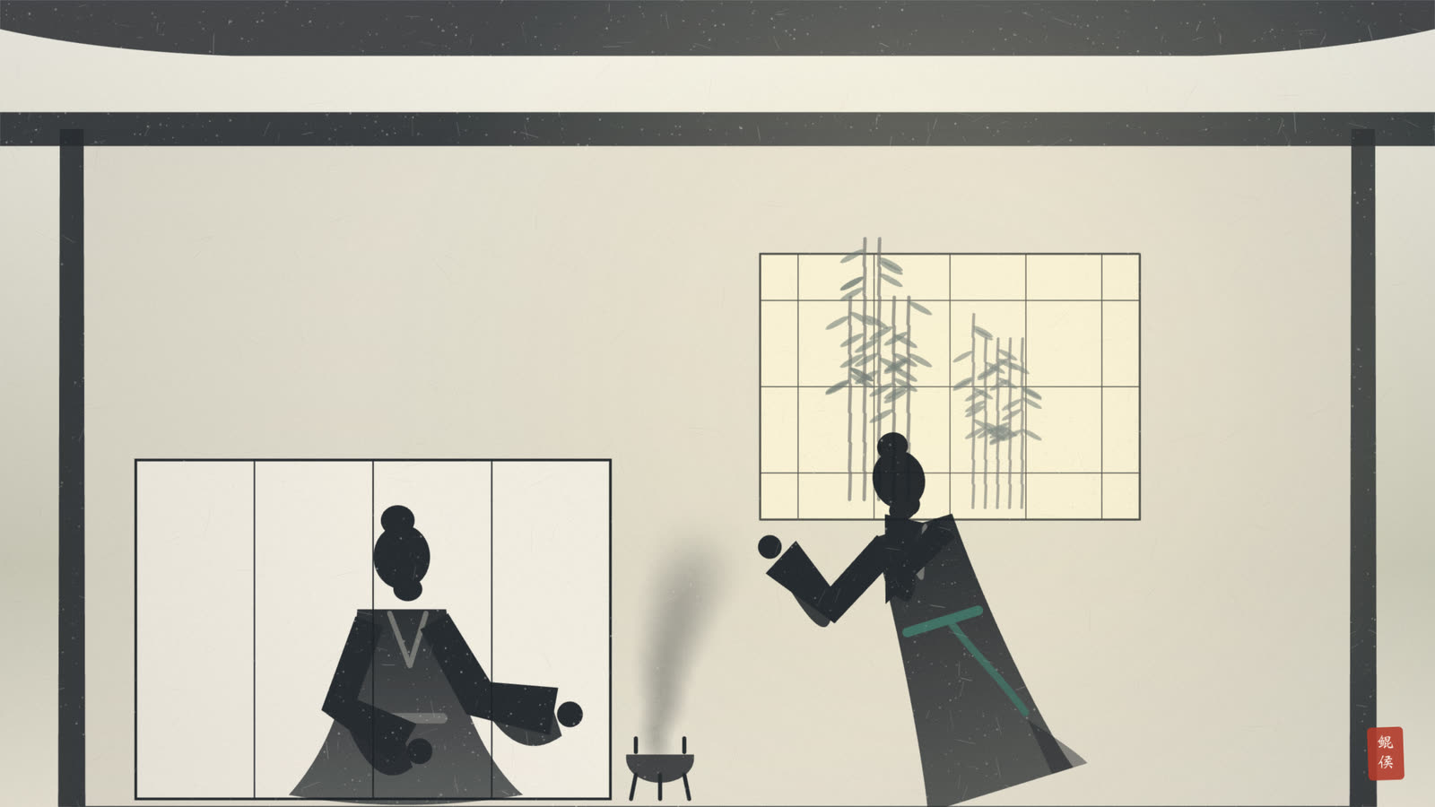 水墨厅堂中青年躬身向父亲恳切进言,神情温和