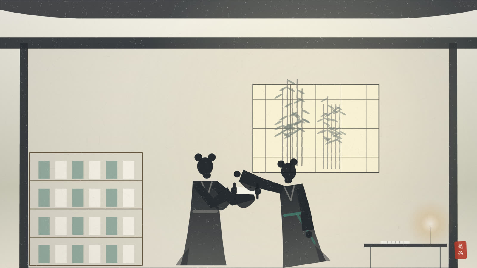 水墨学堂中两位少年并肩读书,一人向另一人虚心请教