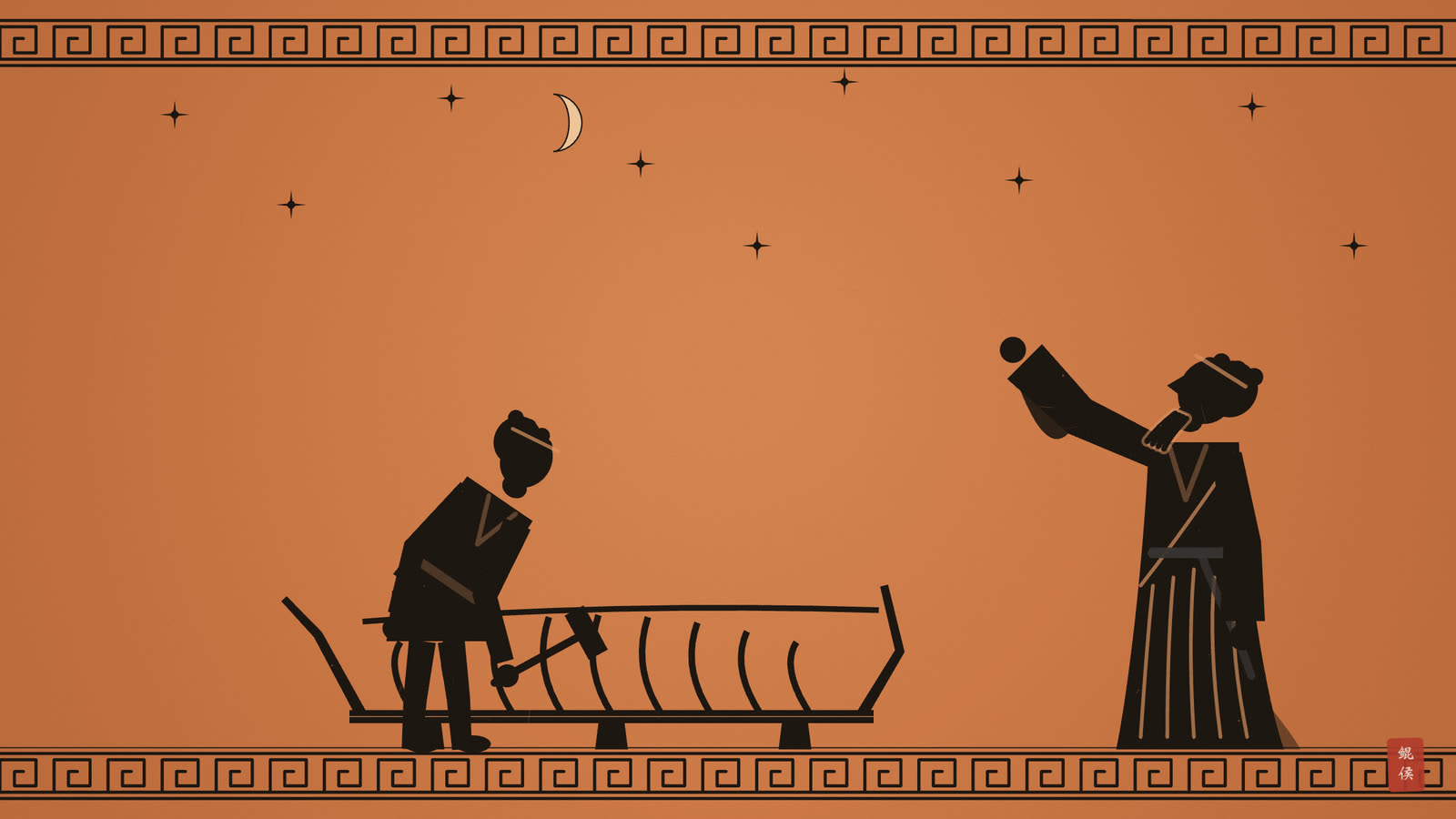 黑像陶瓶画:船匠在沙滩上为新船安装龙骨,旁边一人仰望星空