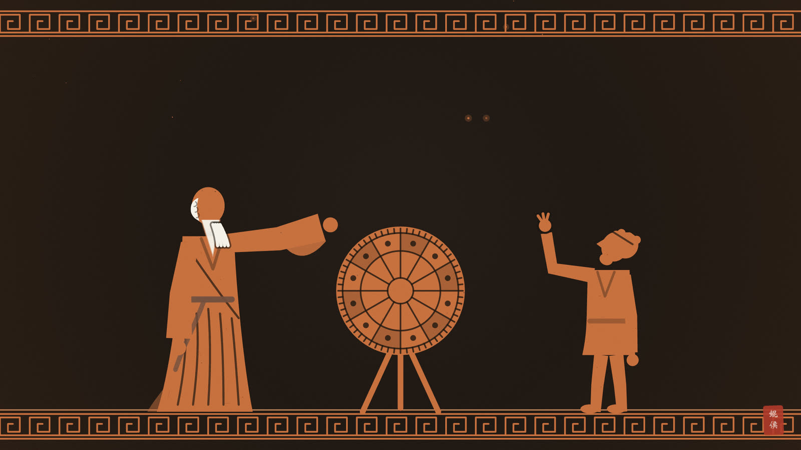 红像陶瓶画:老星师在蜡板上依次点数十二星座,少年屈指跟数