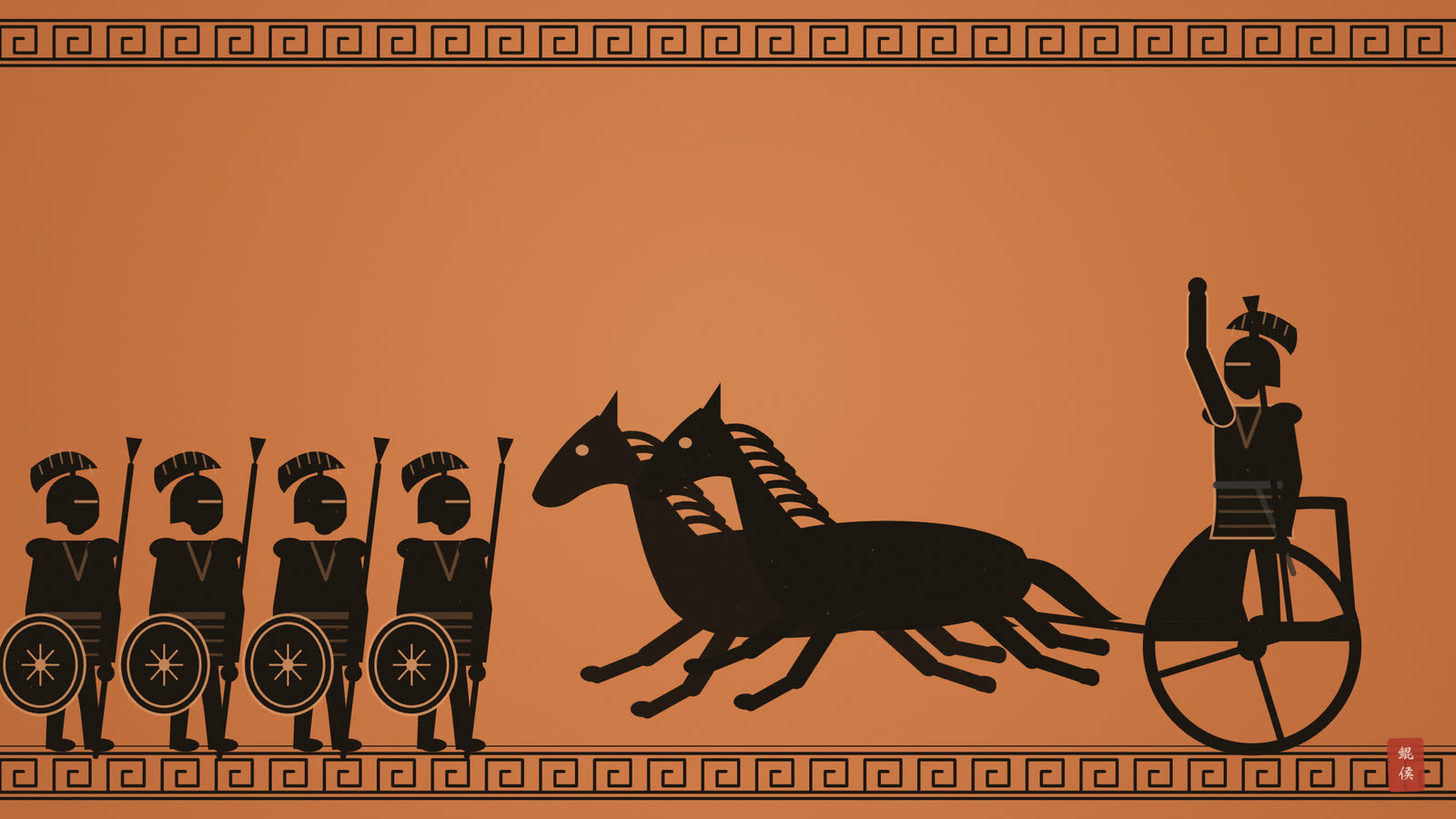黑像陶瓶画:披甲将领立在战车上,举手向列队士兵发令