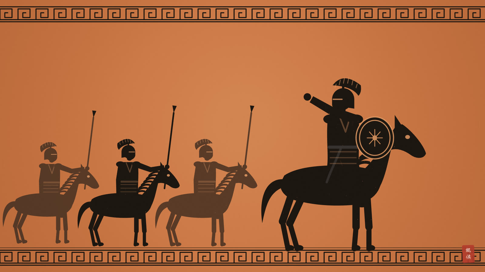 黑像陶瓶画:戴盔统帅勒马立于骑兵队前,回头号令
