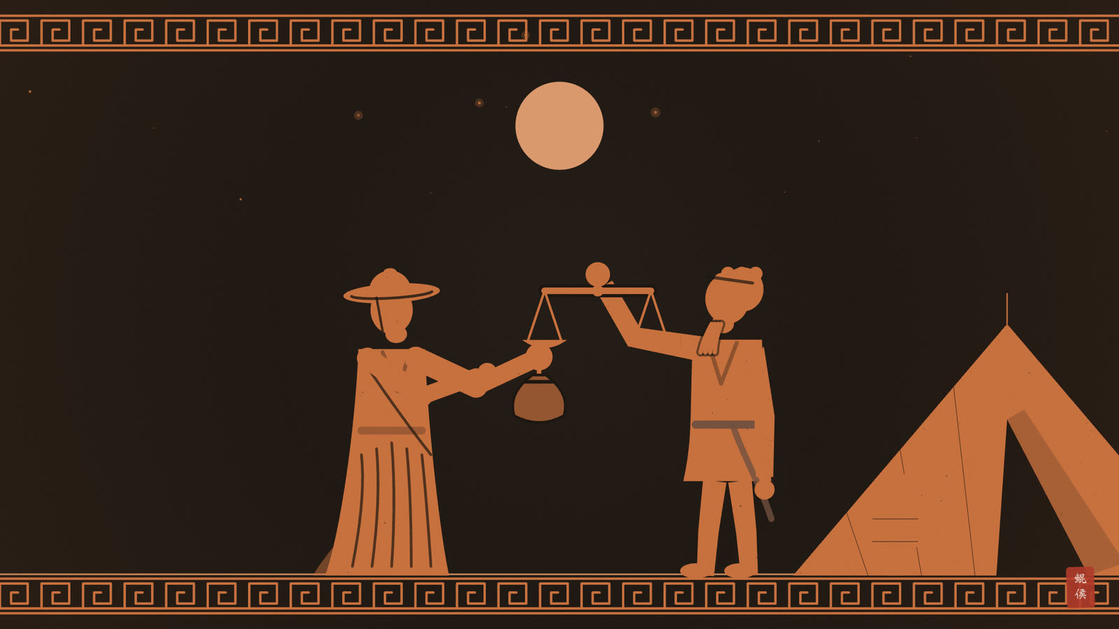 红像陶瓶画:集市上商人提着秤,买主手捧钱币讨价,天上一轮满月