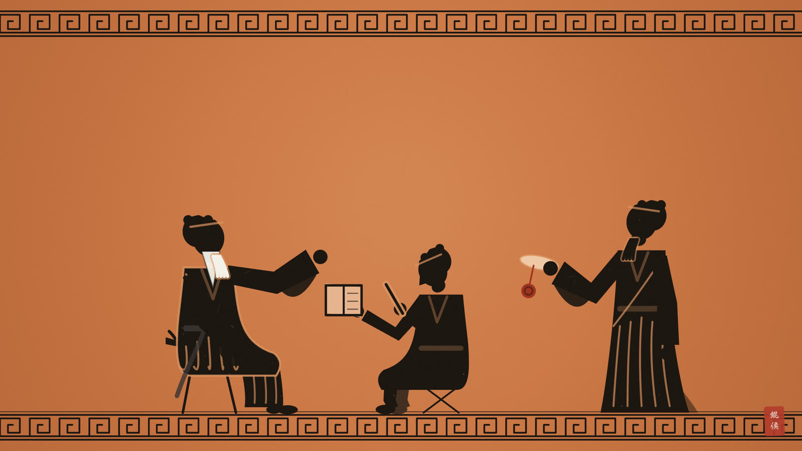 黑像陶瓶画:老人坐在椅上口述,书记在蜡板上记录,证人站在一旁准备封印