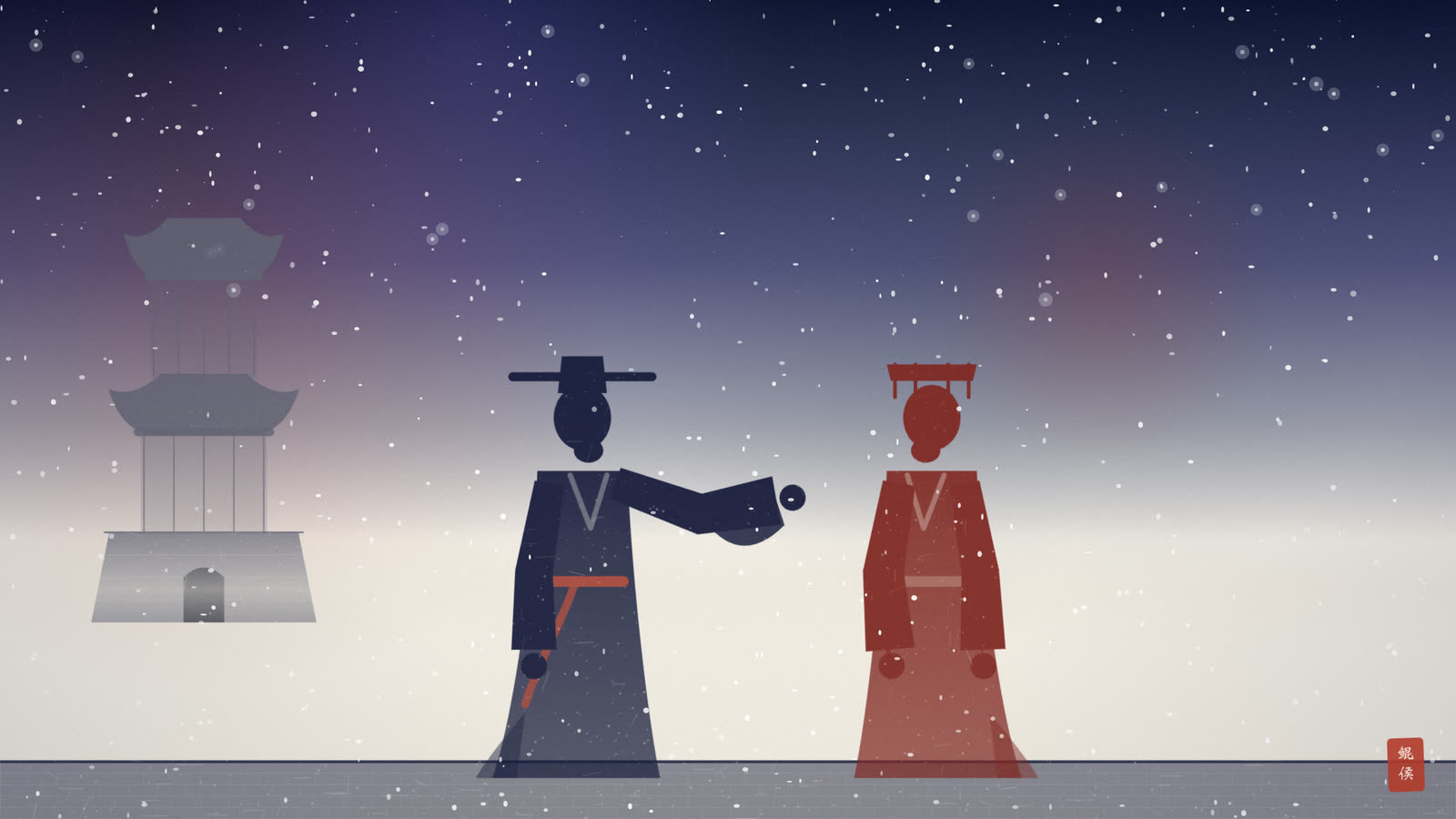 水墨大雪鹿台上,老臣双手抖开大红皮袍为纣王披上