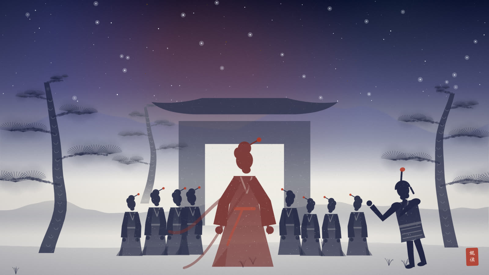 水墨松林深处朱门大开,红衣道姑在八位女童簇拥下徐徐走出