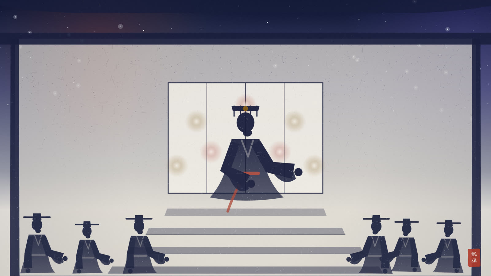 水墨九间大殿孔雀屏开,纣王登上宝座,文武百官俯伏阶下