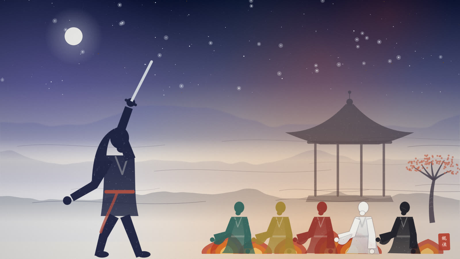 水墨夜半牡丹亭前,姜子牙披发仗剑,风火中五个五色脸妖魅跪倒