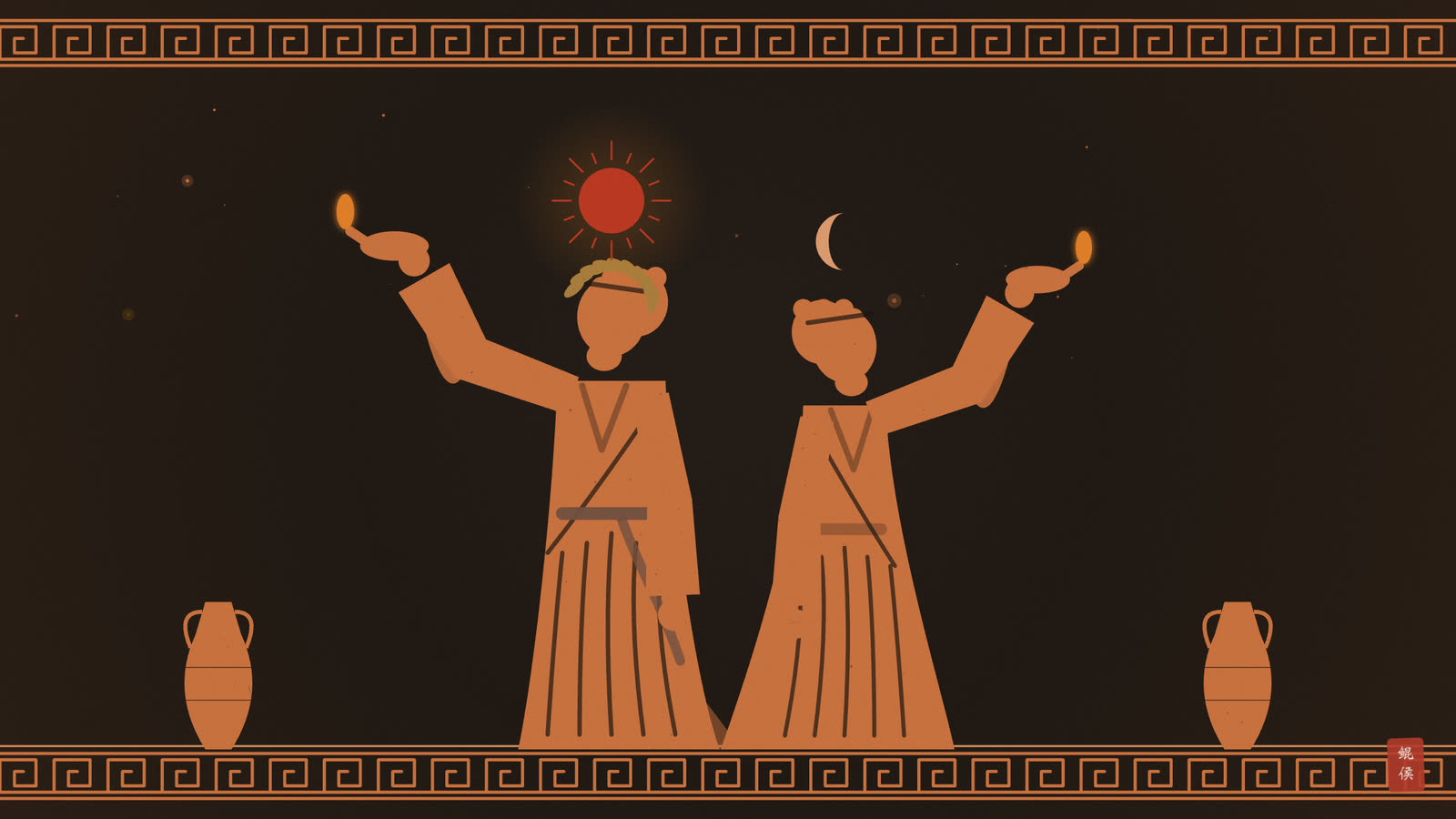 红像陶瓶画：日神与月神并肩而立，各执一盏灯