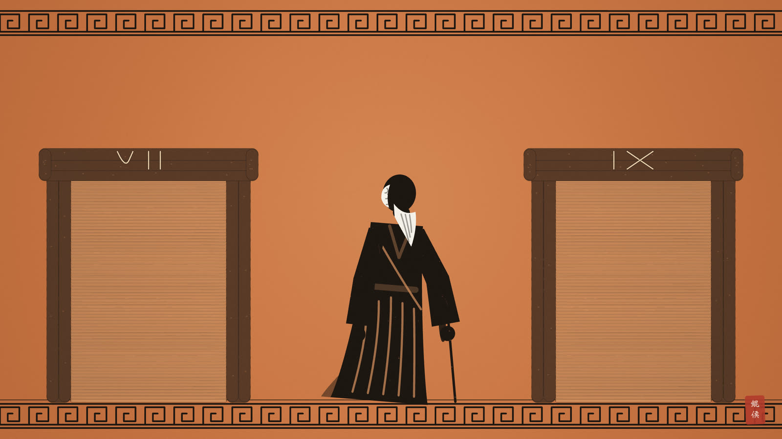 黑像陶瓶画：白发老者拄杖立于两道门槛之间，门楣刻七与九