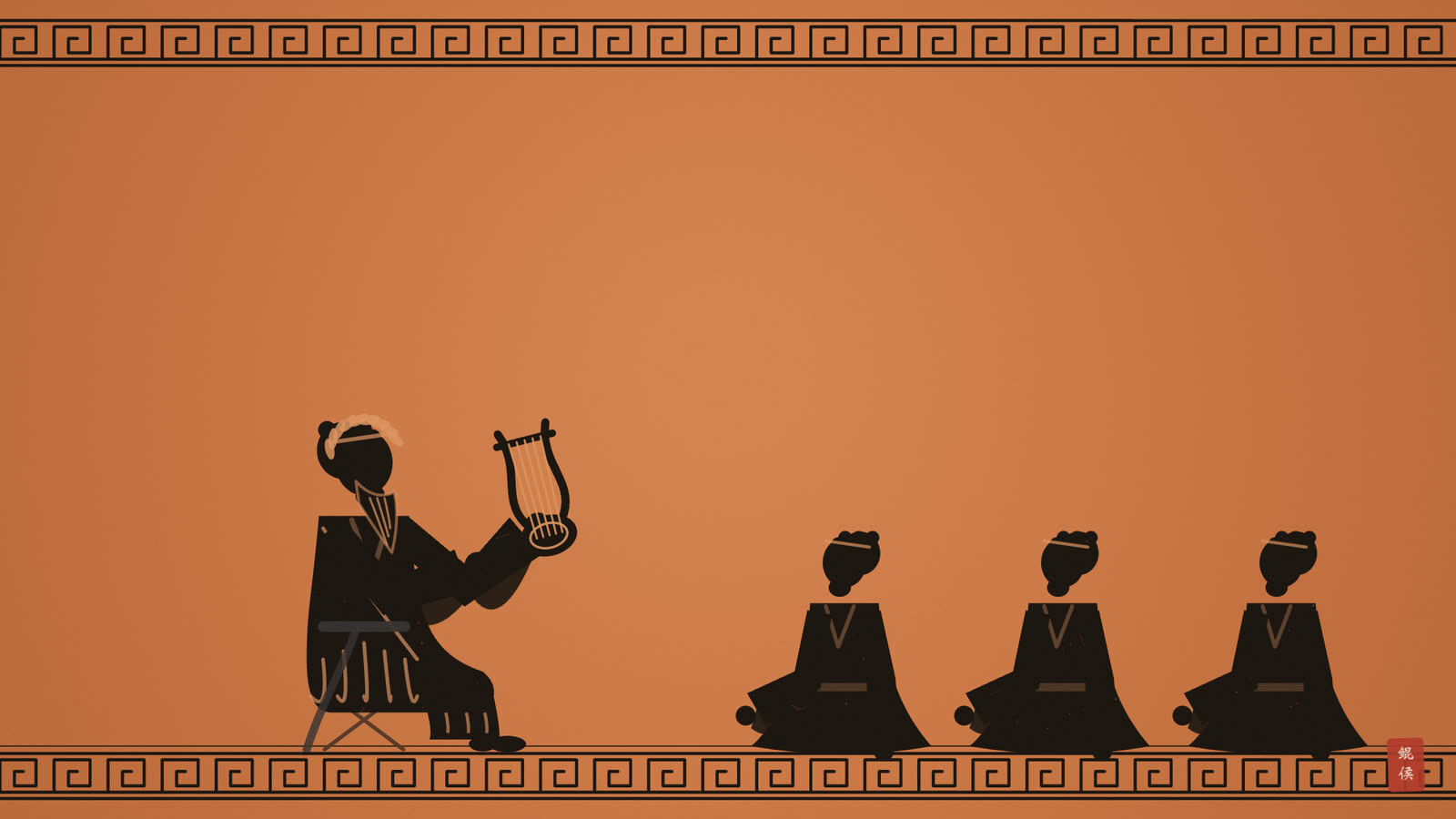 黑像陶瓶画:诗人抱竖琴吟唱,众人围坐倾听