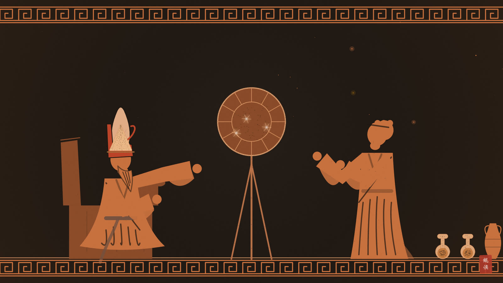 红像陶瓶画:埃及王者坐于宝座,手指星图向弟子讲病与药