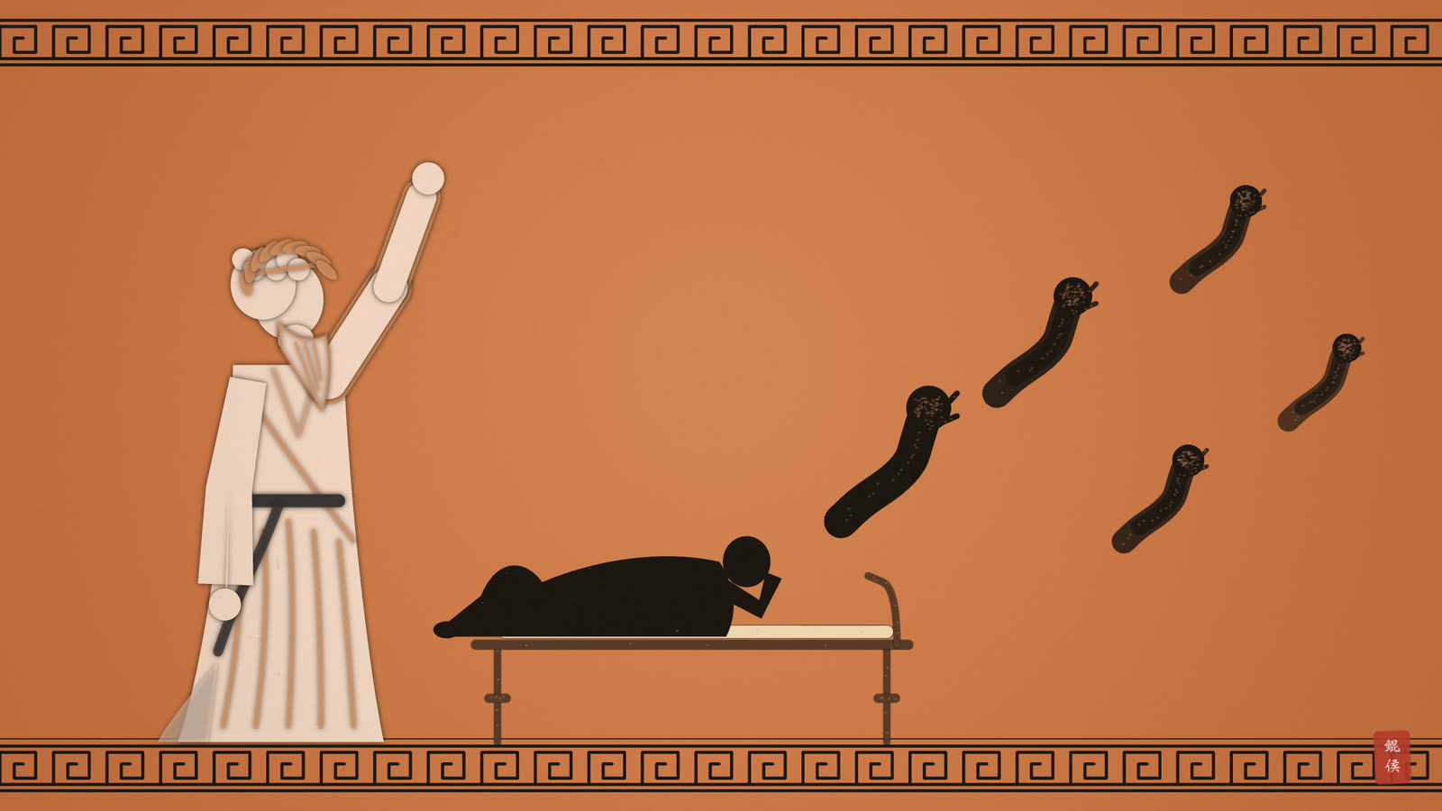 黑像陶瓶画：一人举手而立，病者身旁的黑影纷纷逃散