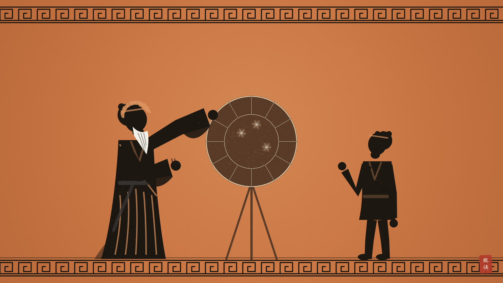 黑像陶瓶画:老师指着星盘向年轻弟子屈指讲解