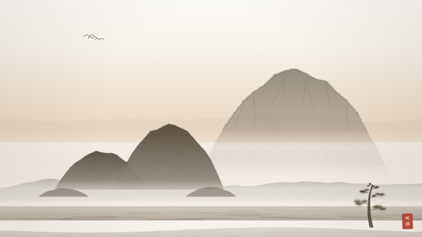 水墨两重圆顶的山峰前高后低,如幞头横卧,旁倚一座圆厚大山
