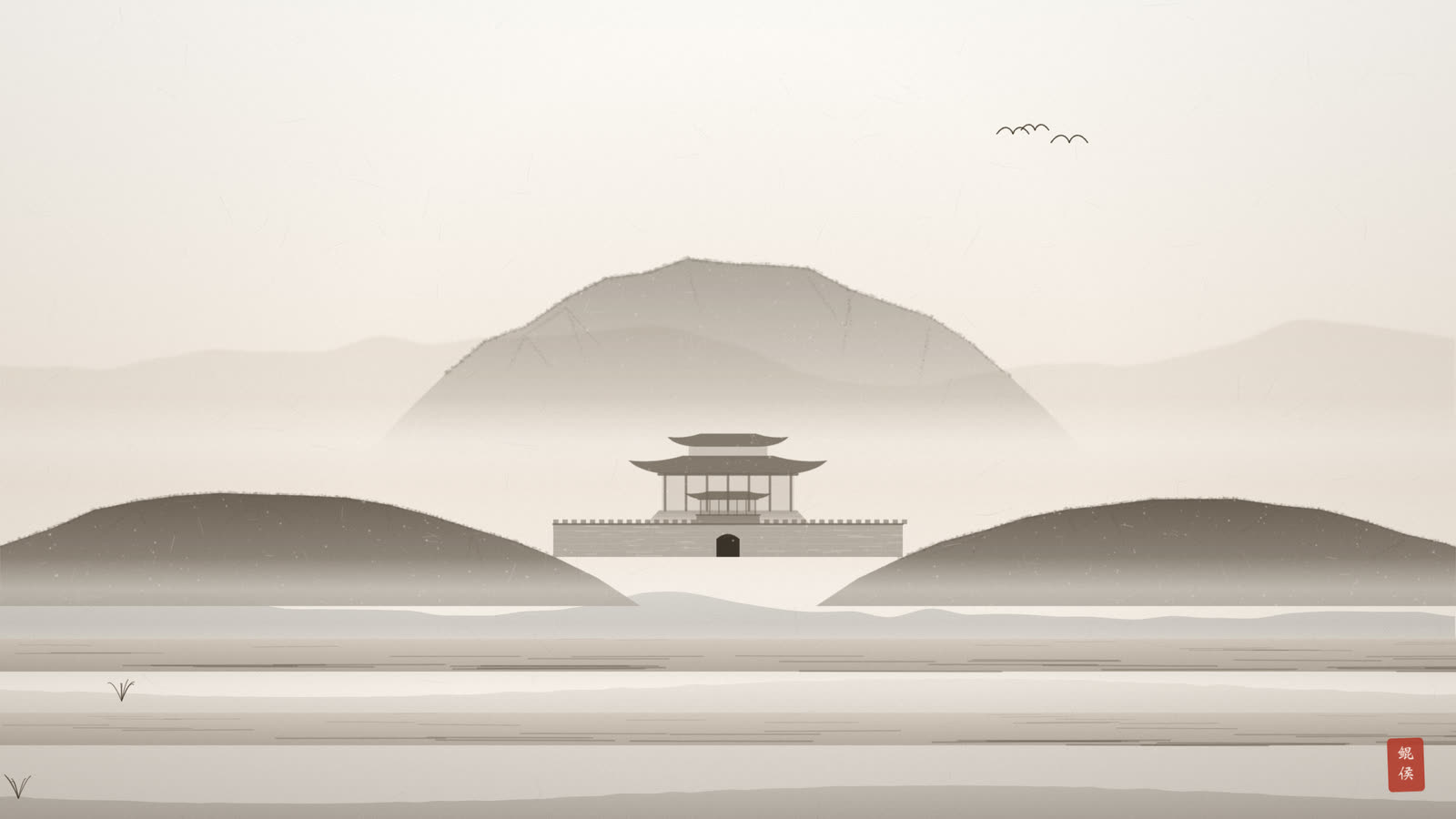 水墨帝都坐落在群山中央,两道长冈如城垣夹护,一水九曲回朝