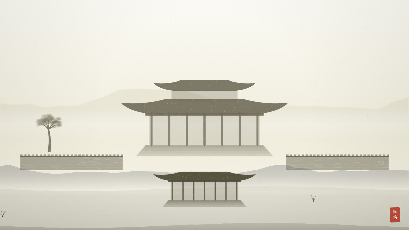 水墨宅院正堂前,午位一座凸出的小厅正对堂门