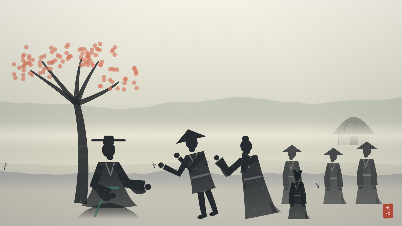 水墨一棵甘棠树下,一位官员坐石上听百姓诉说,民众环立