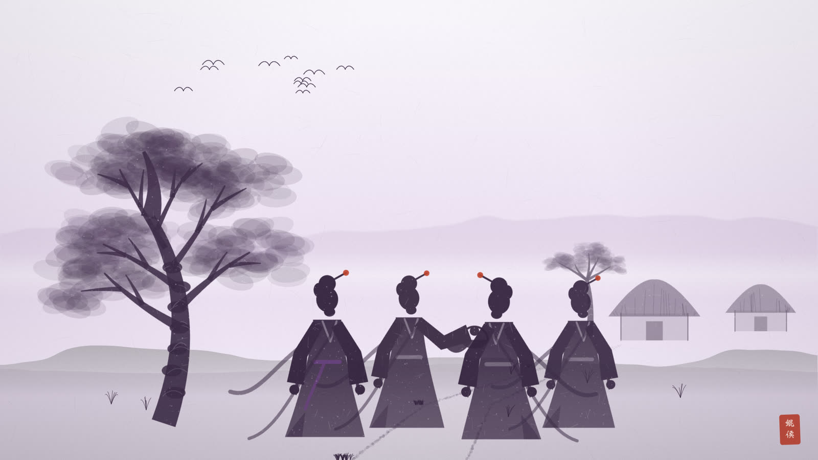 水墨村口老树,三五少妇结伴走过,一群乌鹊掠过树梢