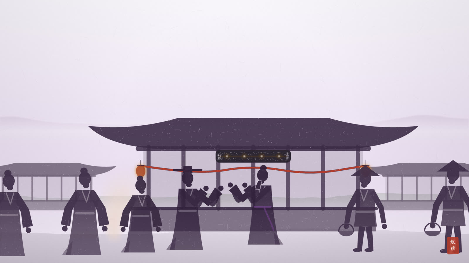 水墨清代街市,新店挂匾开张,掌柜拱手迎客,行人往来