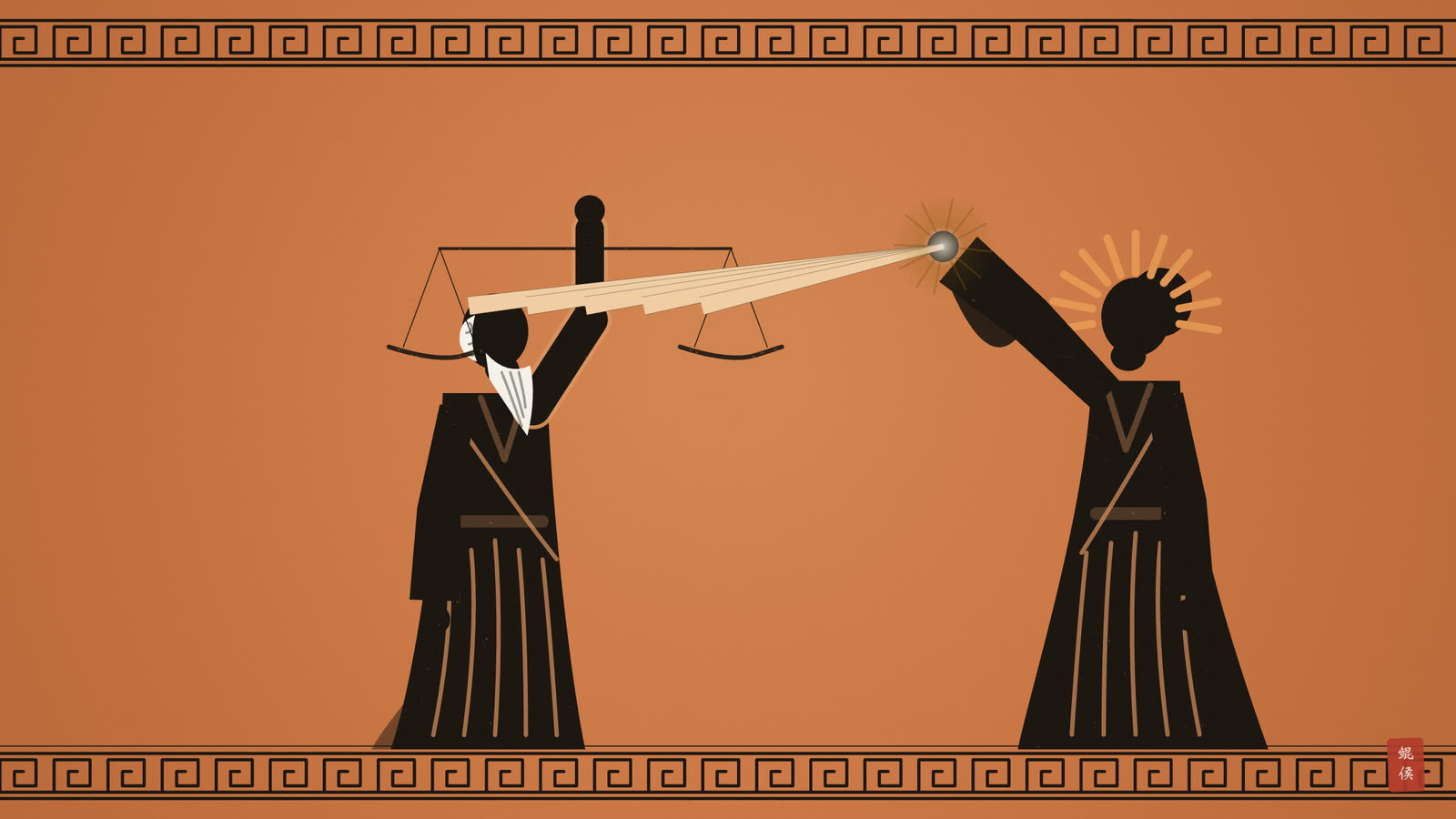 黑像陶瓶画:老者手持天平,女神在旁投下光芒