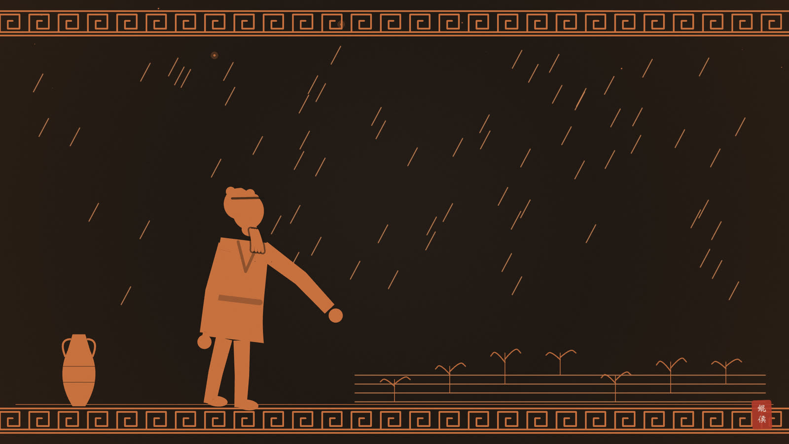 红像陶瓶画:春雨洒落田间,农人看嫩苗破土而出