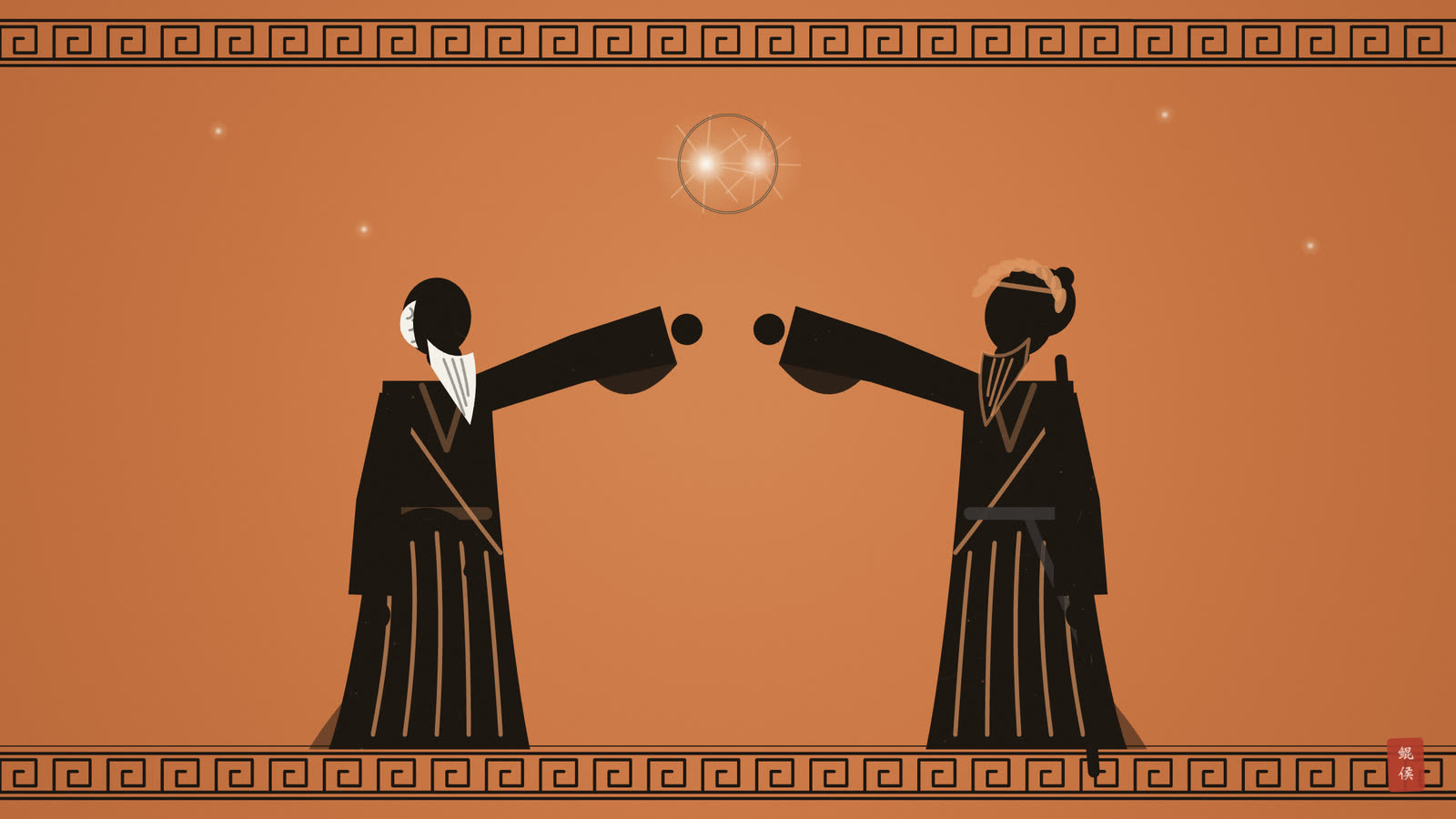 黑像陶瓶画:两位老者在星空下相对伸手,头顶两星相会