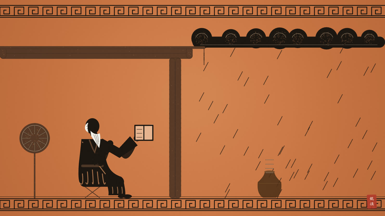 黑像陶瓶画:老学者在屋檐下记录雨势,旁置星盘