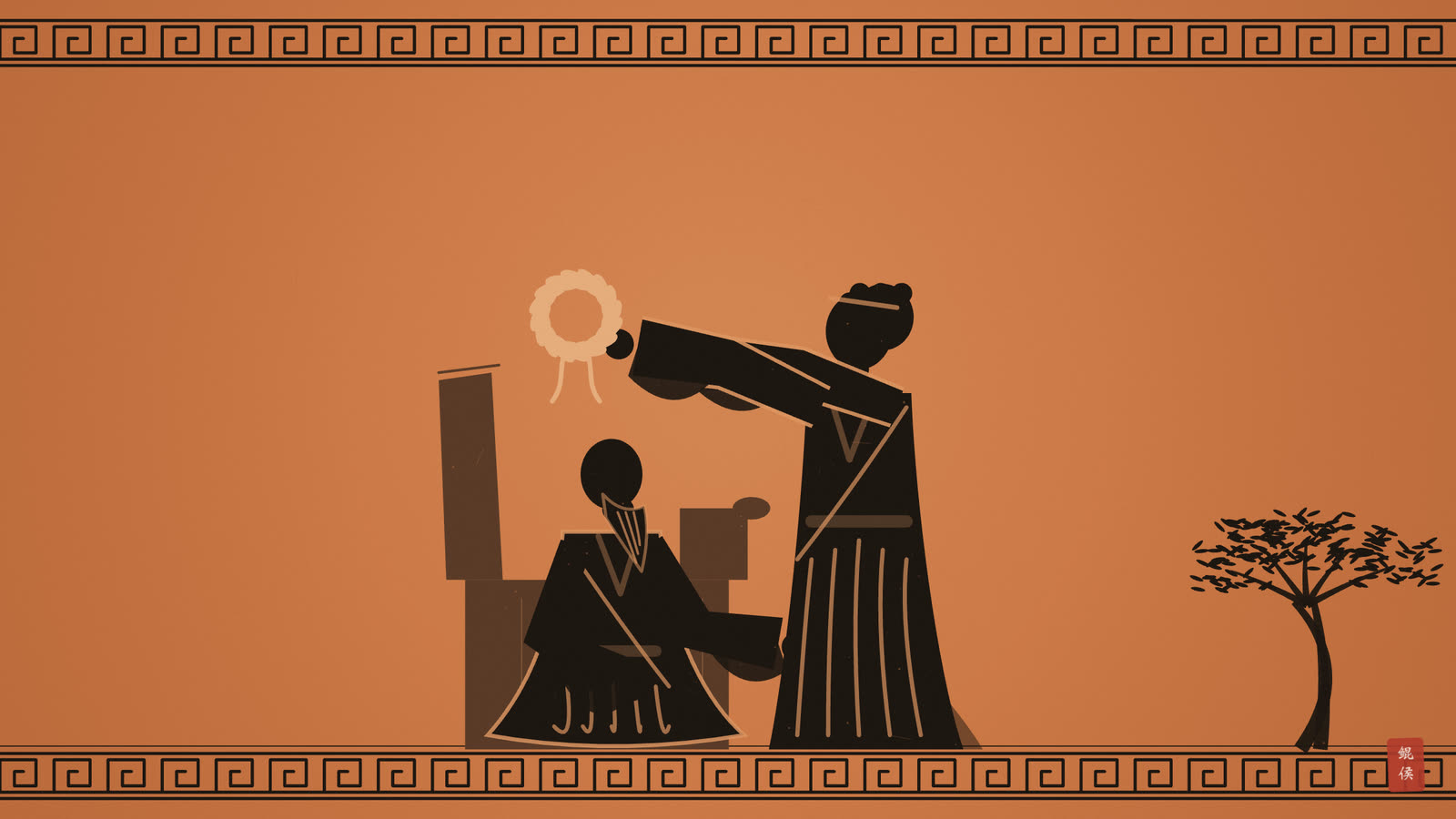 黑像陶瓶画:君王端坐,侍从为他戴上桂冠