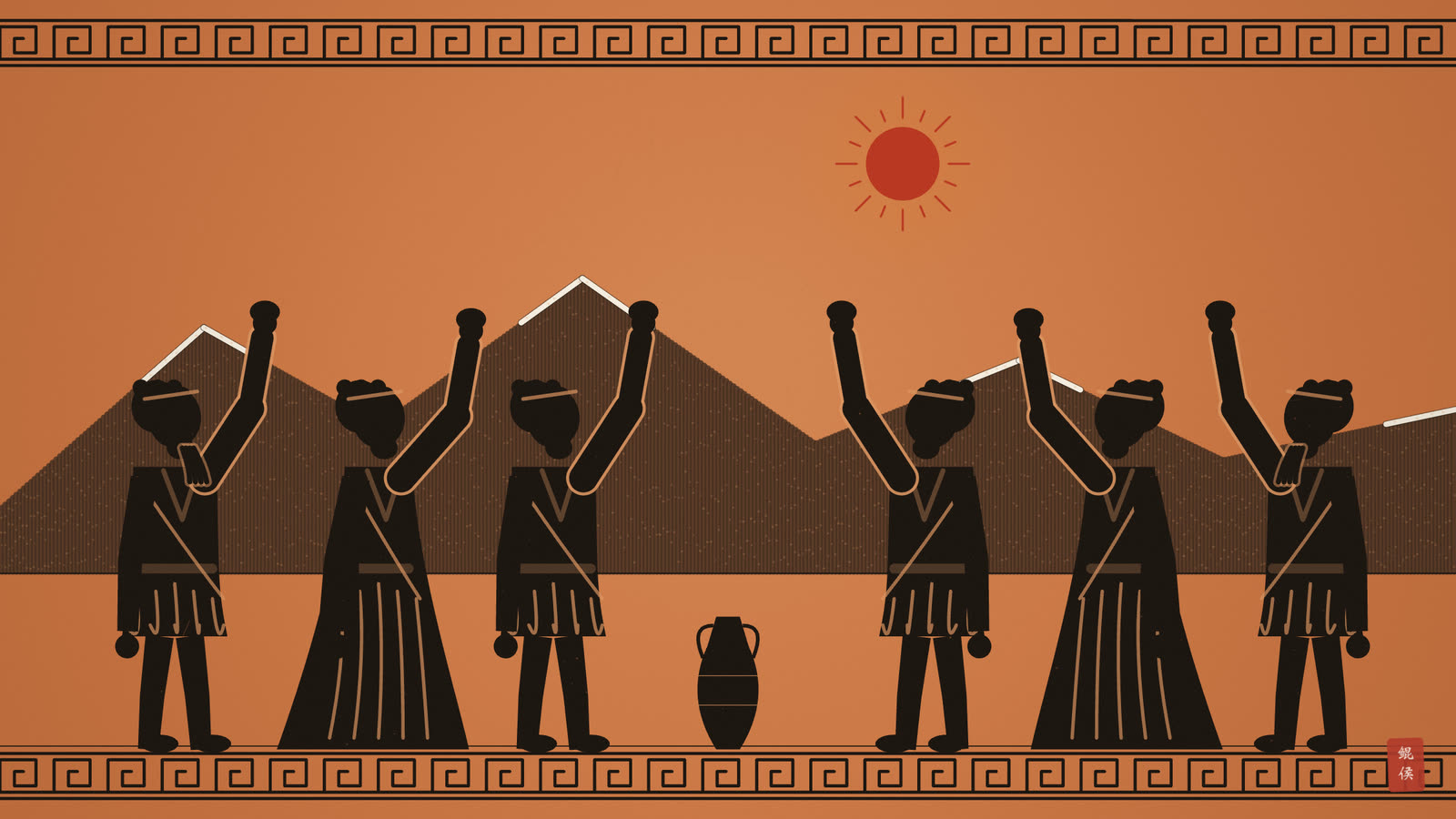黑像陶瓶画:新年之晨,村民在广场上举杯,远处雪山