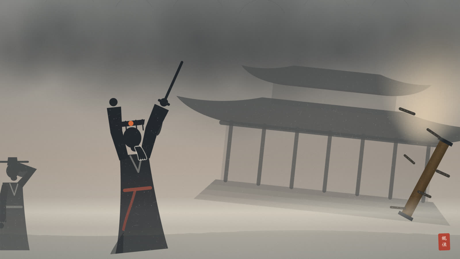 水墨深夜殿中愁云弥漫,曹操拔剑望空砍去,殿角崩塌