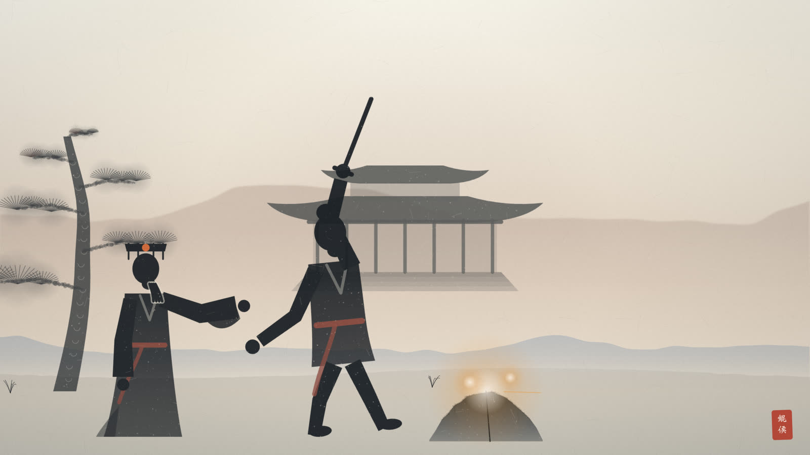 水墨甘露寺庭前,玄德仰天举剑劈石,火光迸溅,孙权立在身后