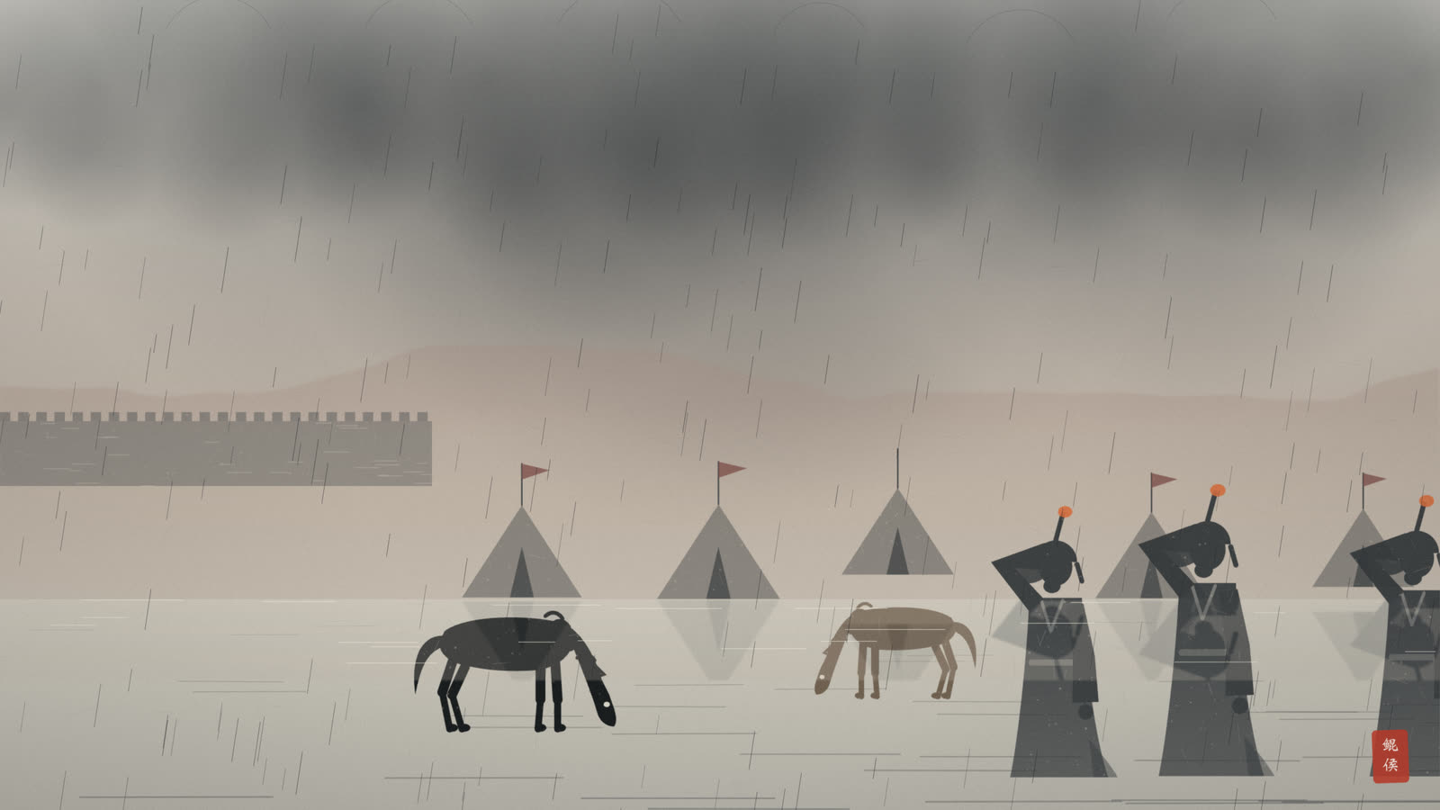 水墨陈仓城外秋雨连绵,平地水深,魏营窝铺泡在雨中,马匹倒卧