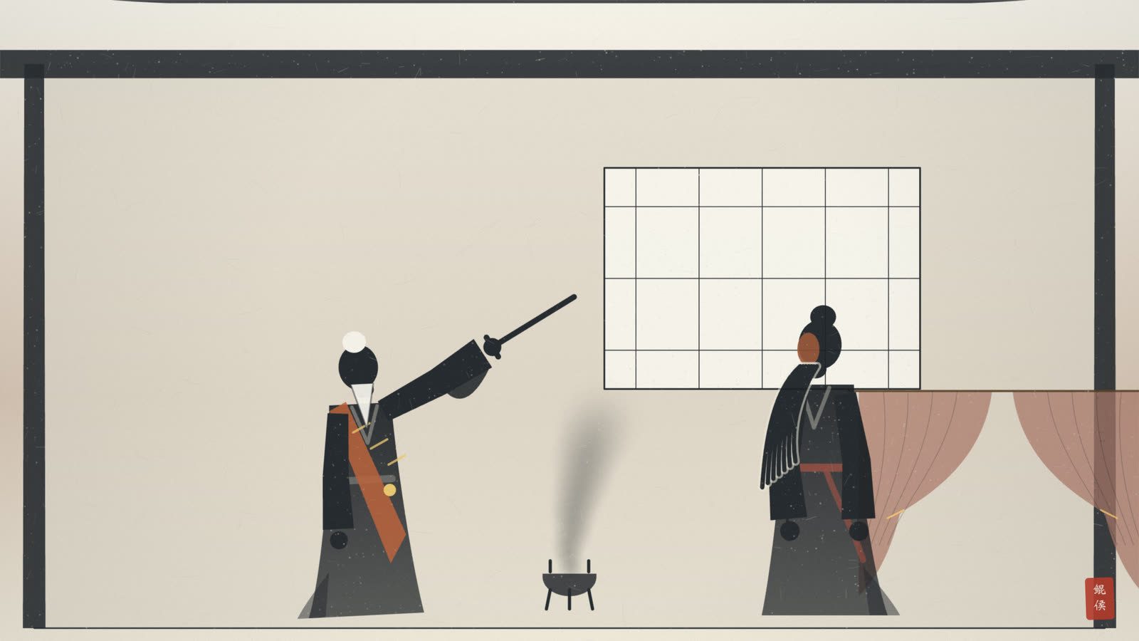 水墨古寺方丈中,老僧普净举起戒刀以目示意关公