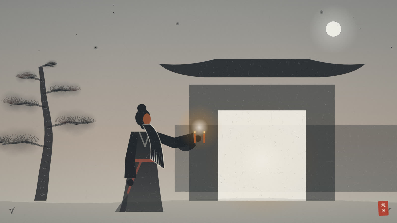 水墨驿馆夜深,关公手持烛火立于门外,门内灯影静寂