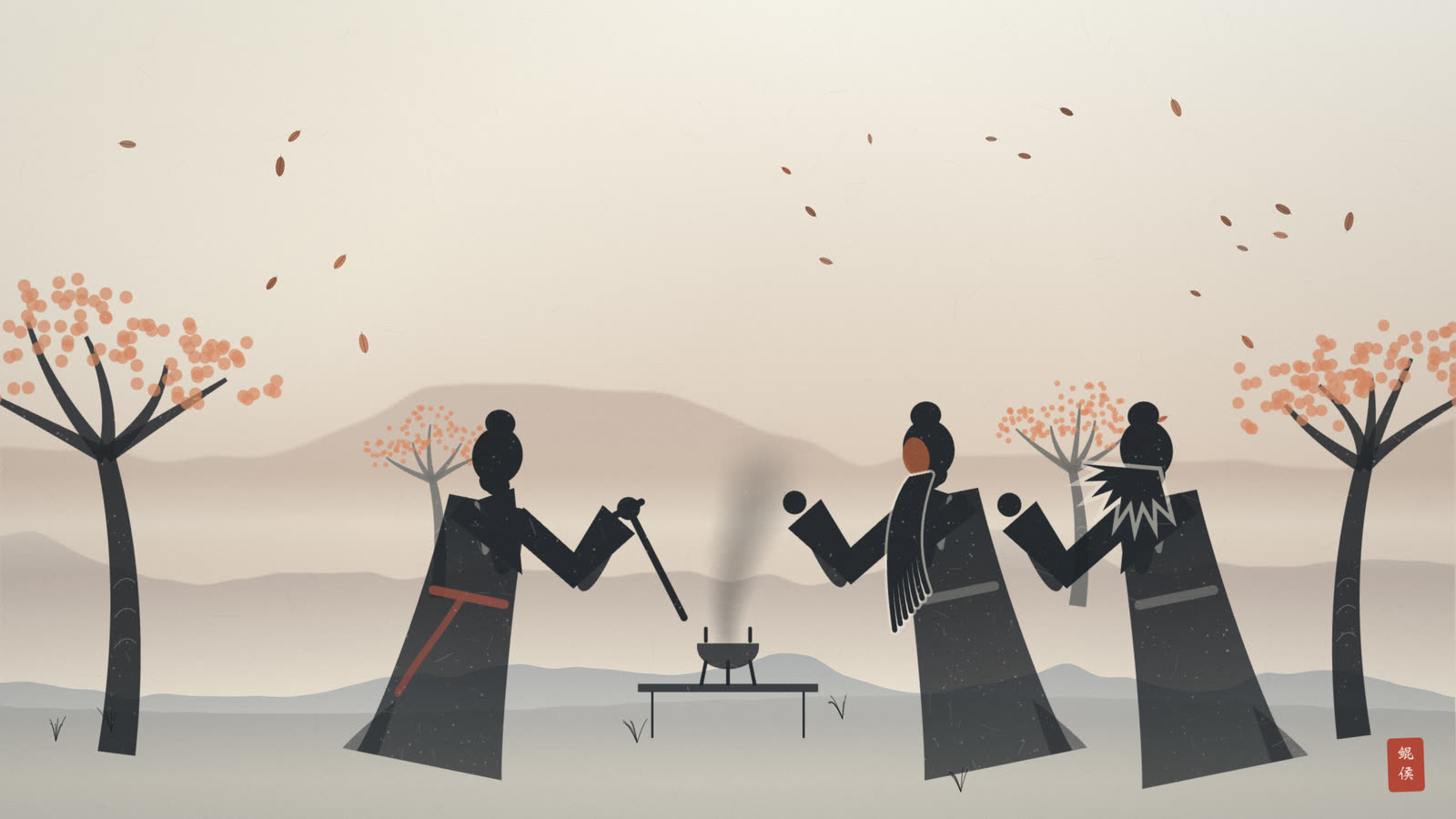 水墨桃花盛开的园中,三人焚香再拜,对天立誓结为兄弟