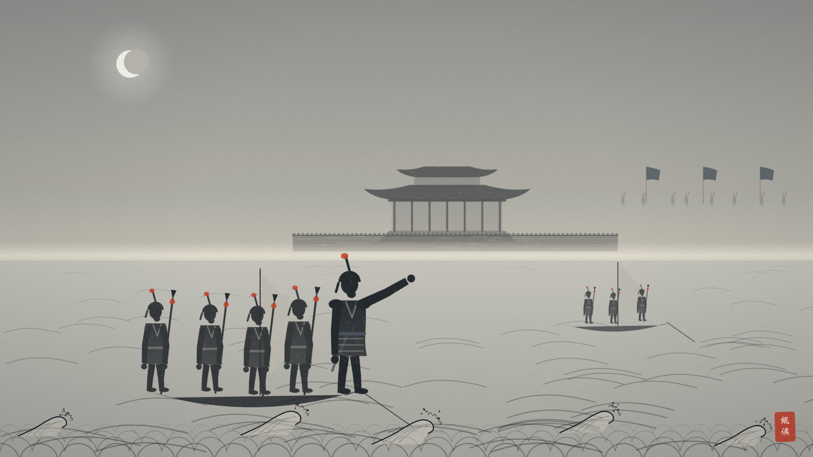 水墨吴宫空虚,越军乘夜渡江直扑姑苏,远方吴军旌旗北去