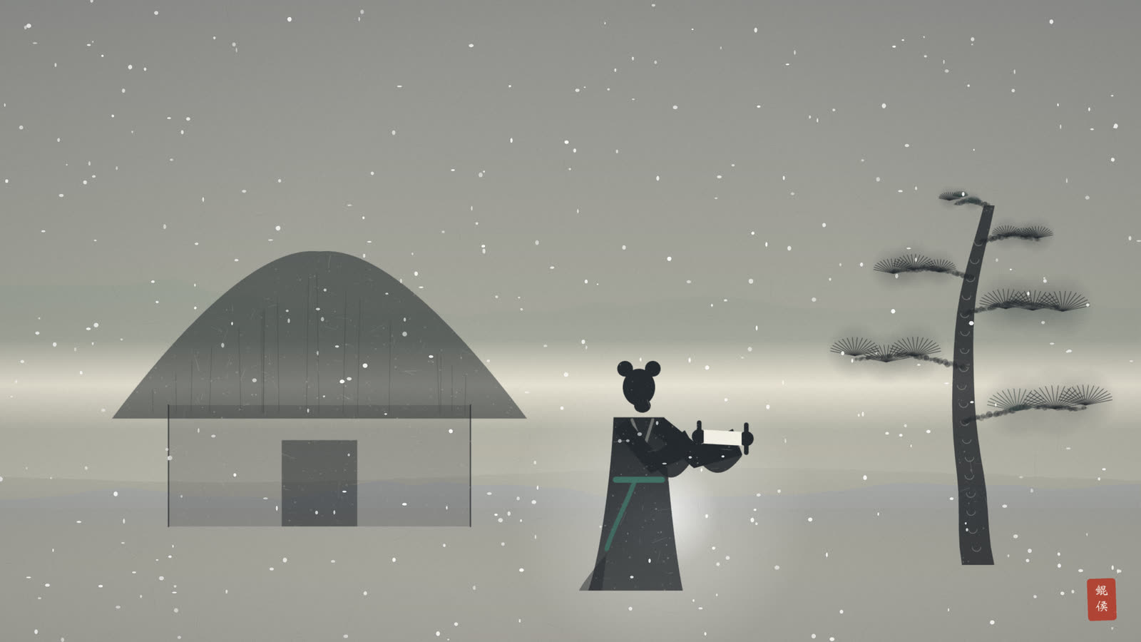 水墨雪夜茅屋前少年借雪光读书,屋内无灯