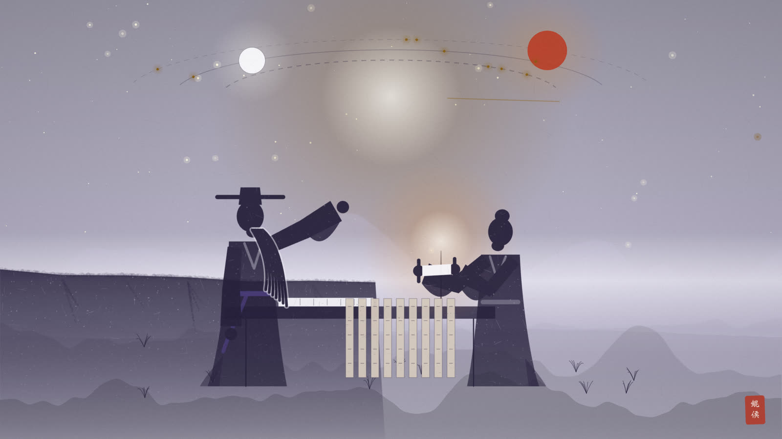 水墨汉唐观星高台上铜制太乙式盘居中,筹策纵横,星宿垂芒