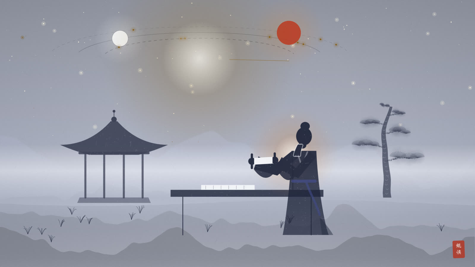 水墨明代书生于轩窗前展读太乙式盘古卷仰望北斗七政星象